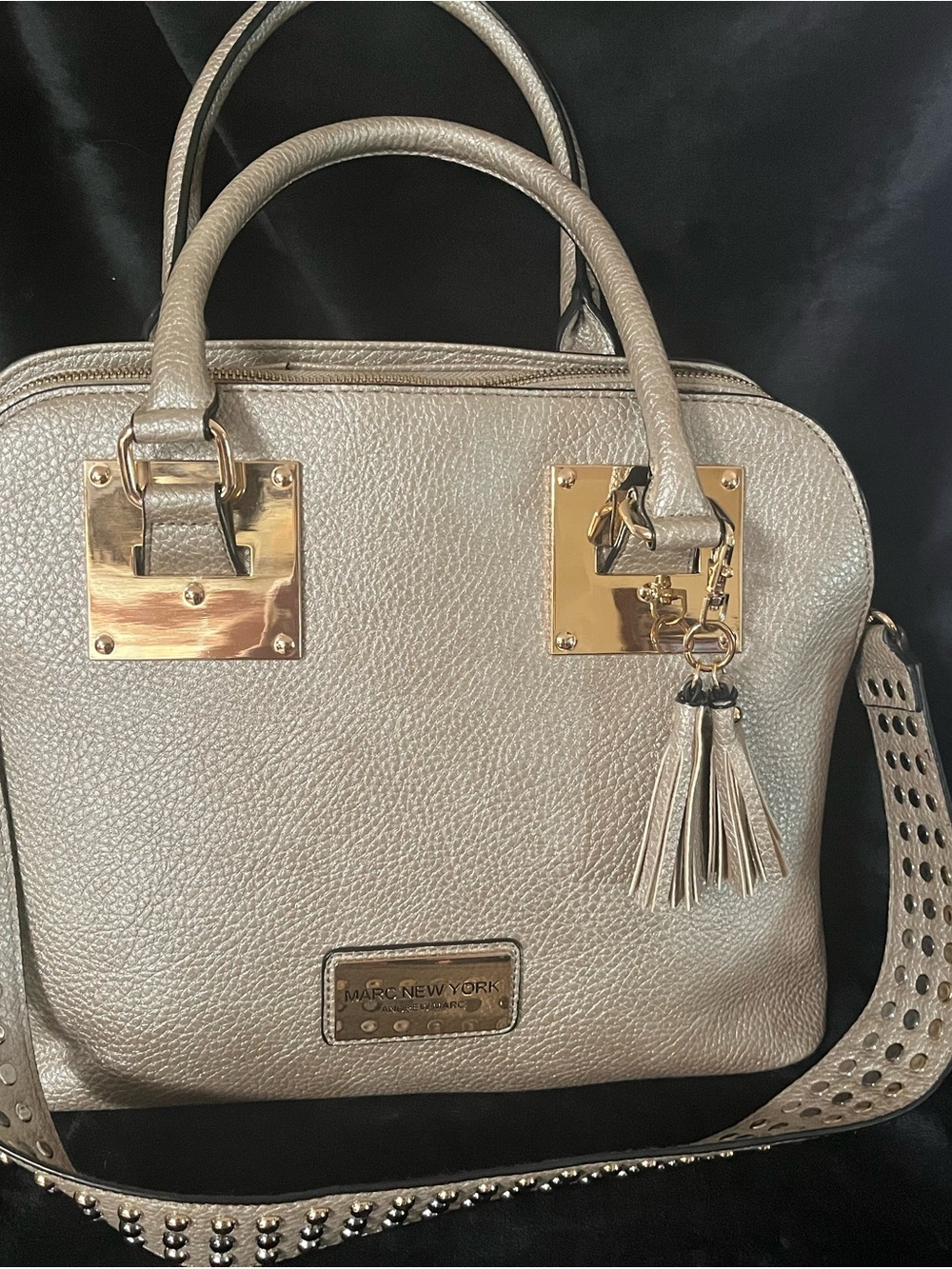 Marc Metallic Champagne Pebbled Leather Satchel with Studded Strap